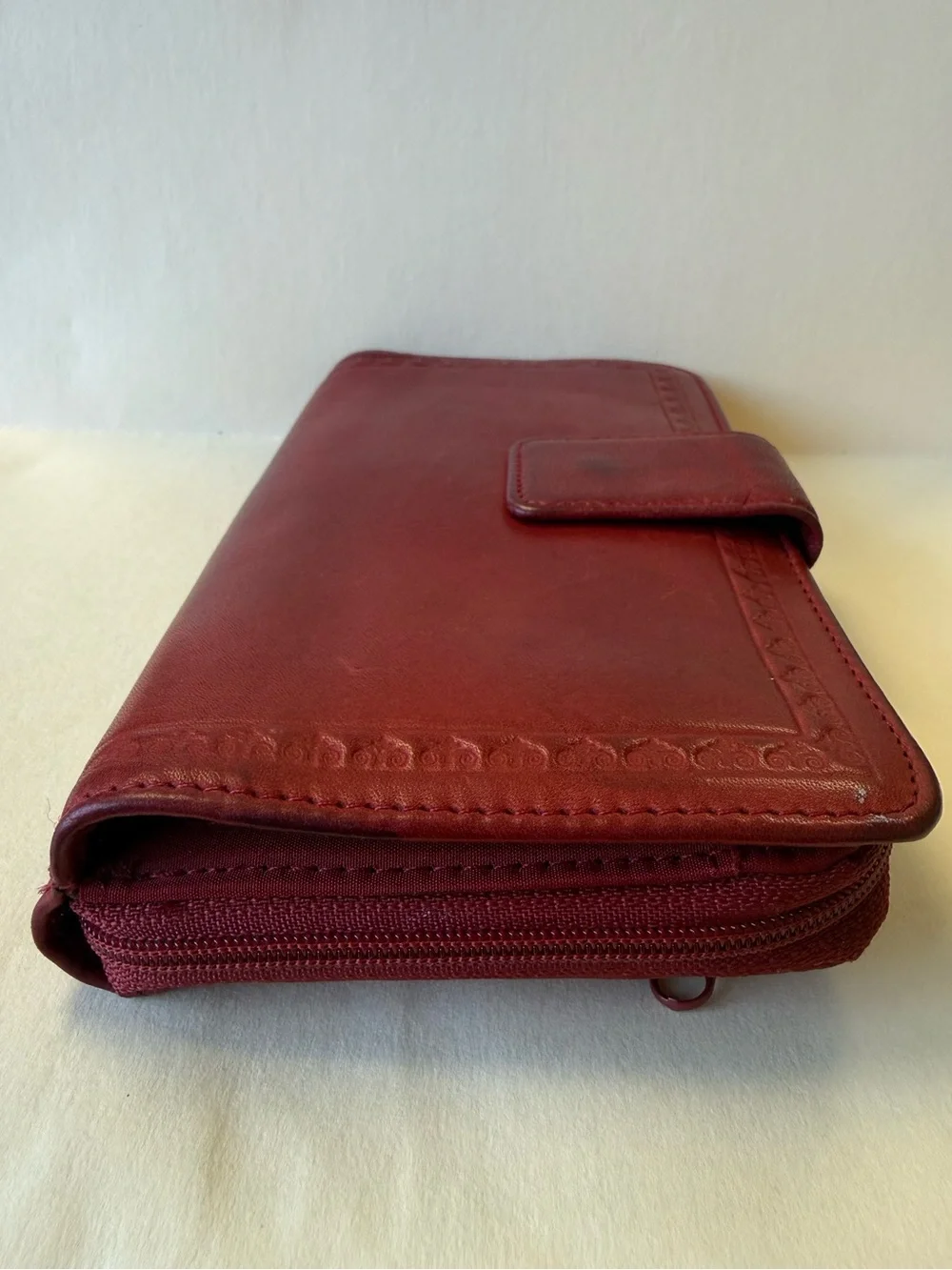 Vintage Deep Red Leather Zip-Around Wallet with Lots of Pockets.